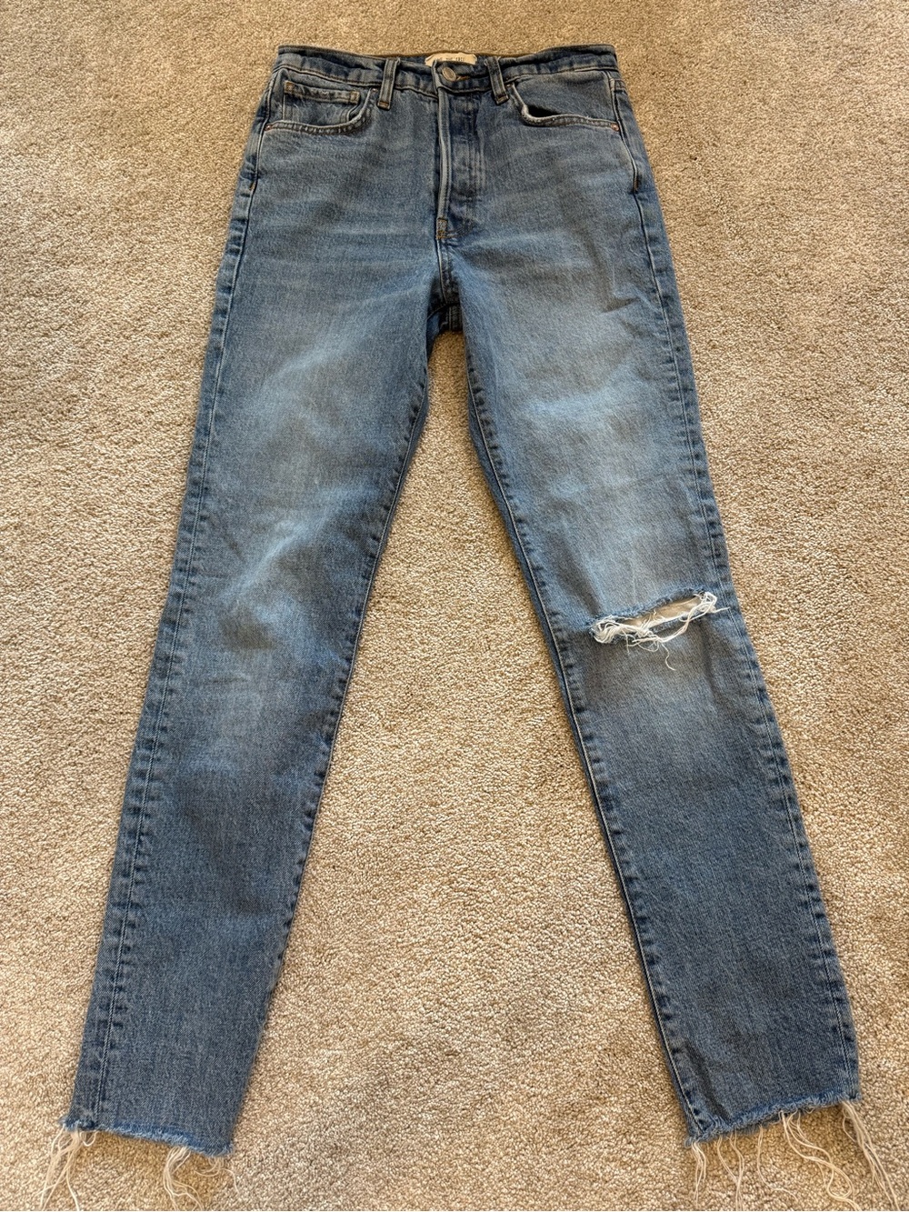 Free People We The Free Size 27 Distressed Skinny Jeans Raw Hem Button Fly Blue